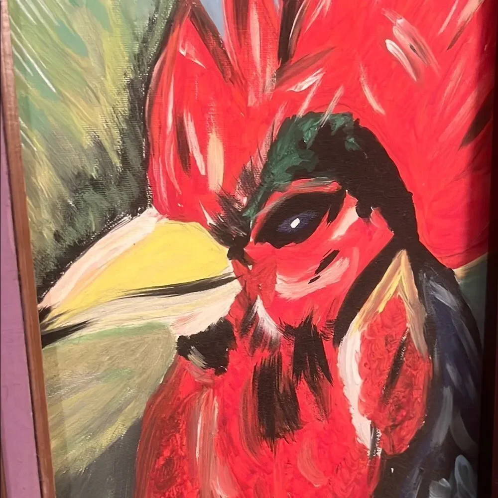 Vibrant Rooster Art Print in Wooden Frame